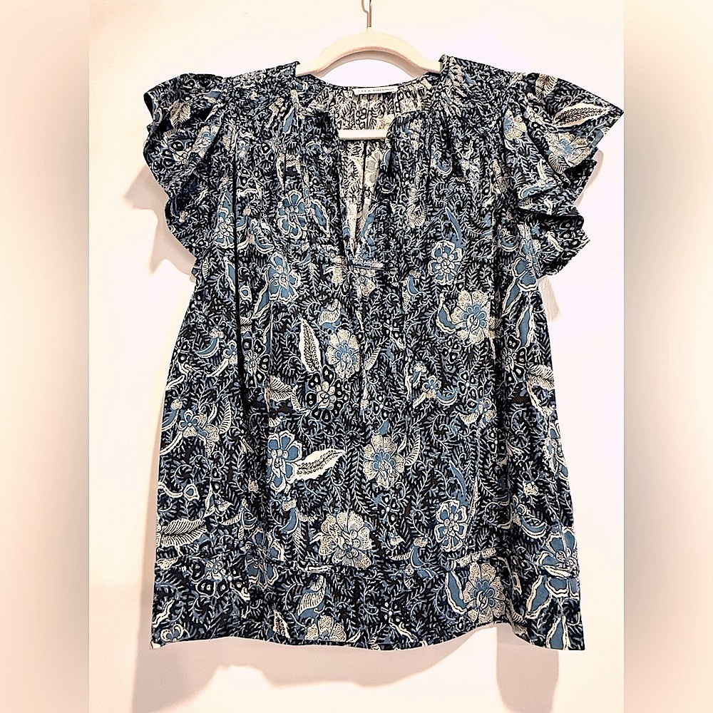 Ulla Johnson Nazy and White Ruffled Cap Sleeve Blouse